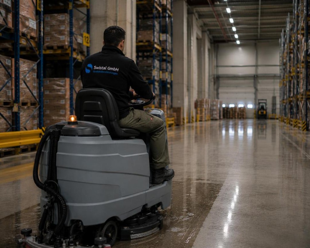 Swistal Mitarbeiter reinigt Lagerfläche mit Industrie-Schrubber